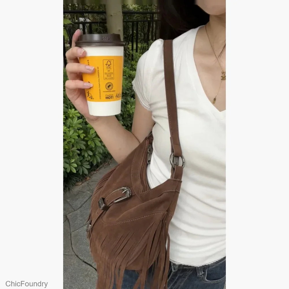 Small Fringe Hobo Shoulder Bag with Tassel, Adjustable Strap, Vintage Style
